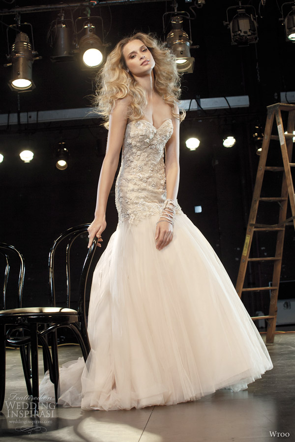 wtoo fall 2012 oatmeal blush strapless drop waist wedding dress