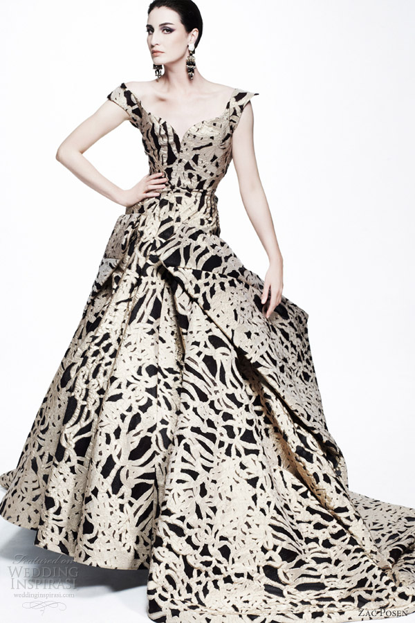 zac posen resort 2013 off shoulder straps printed ball gown