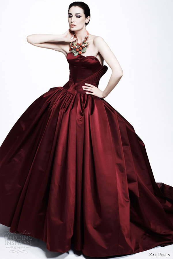 zac posen resort 2013 strapless wine red ball gown