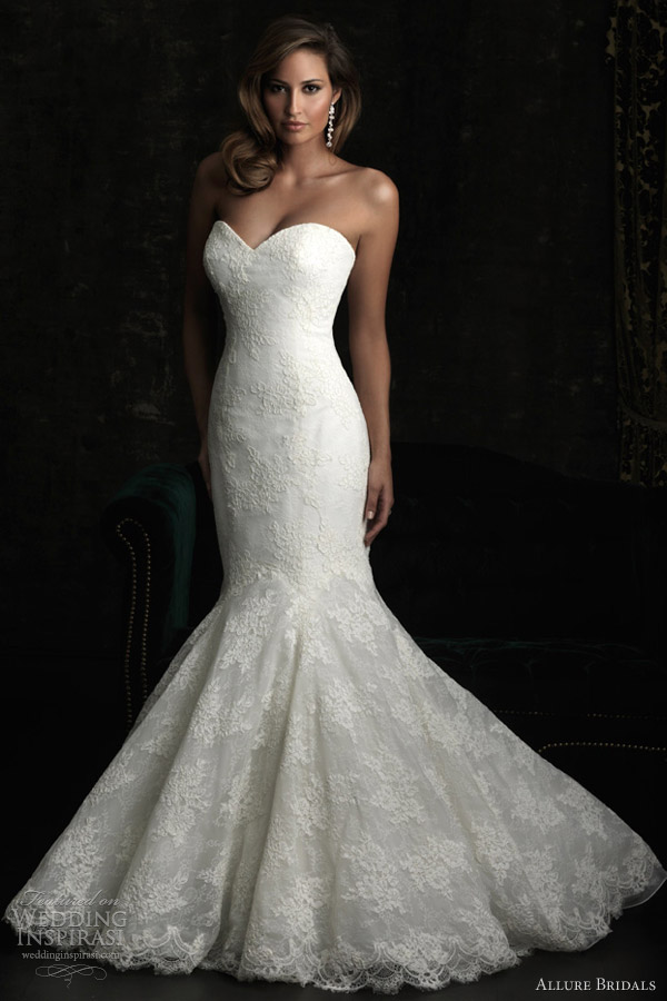 allure bridals style 8970 strapless fit flare lace wedding dress