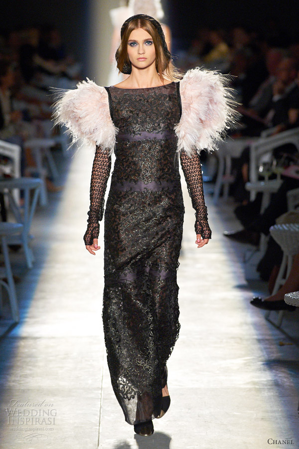 chanel fall 2012 couture black long sleeve dress pink feathers