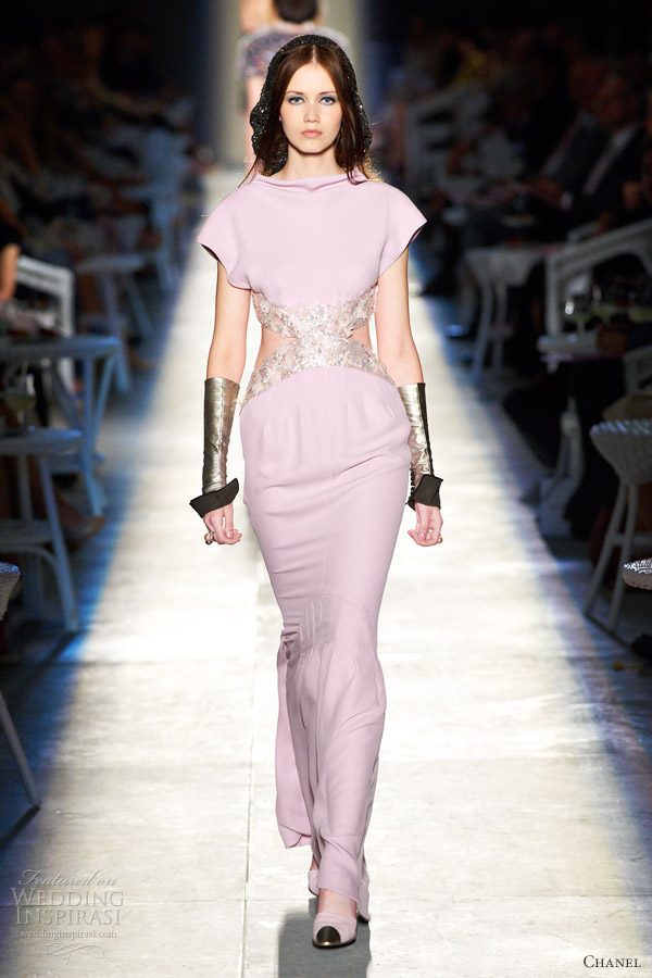 chanel fall 2012 pink pastel gown cutouts metallic accents