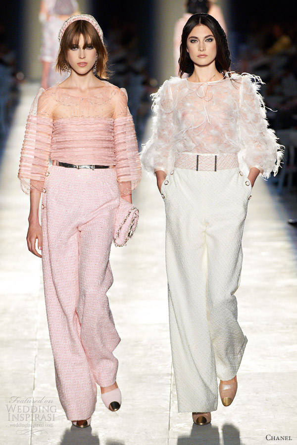 chanel fall 2012 pink white trousers sheer top feathers