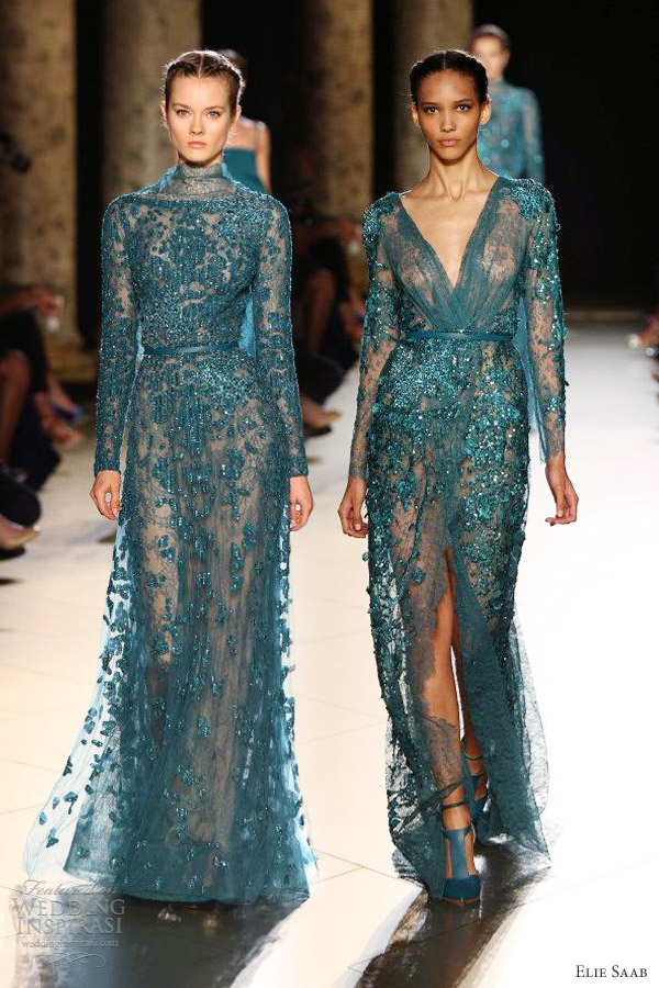 elie saab fall 2012 2013 couture long sleeve dress blue green teal