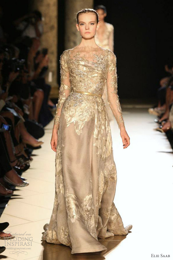 elie saab fall 2012 couture beige gold leaf long sleeve dress