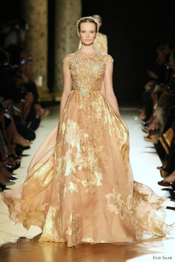 elie saab fall 2012 couture illusion cap sleeve gown gilded gold