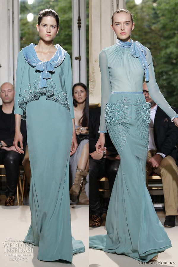 georges hobeika couture fall 2012 powder green blue gown sleeves