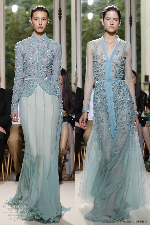 georges hobeika couture fall 2012 powder green blue gowns sleeves