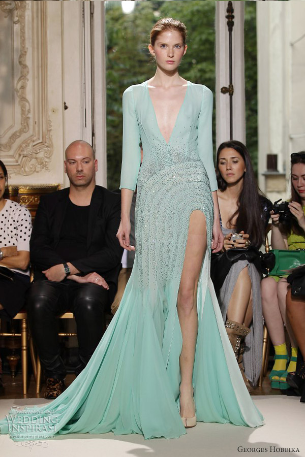 georges hobeika fall 2012 2013 couture pastel green sleeve gown slit