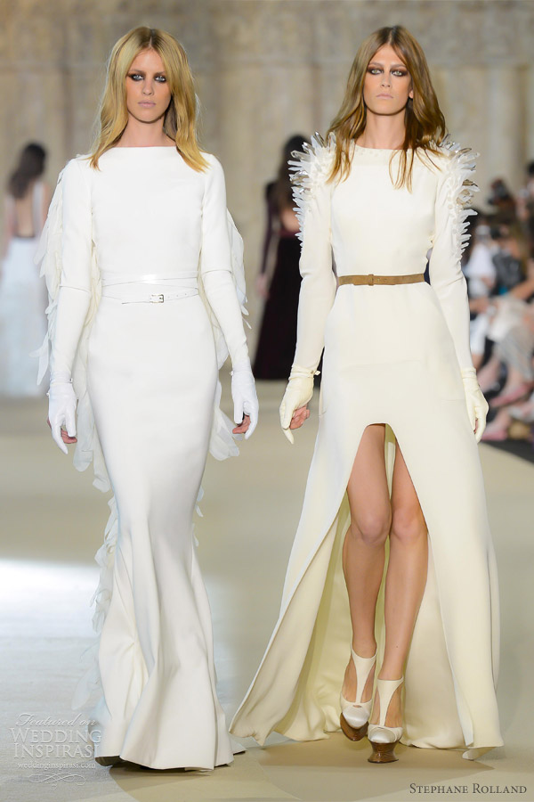 stephane rolland fall 2012 couture long sleeve white dress feathered chiffon rock crystal shoulders