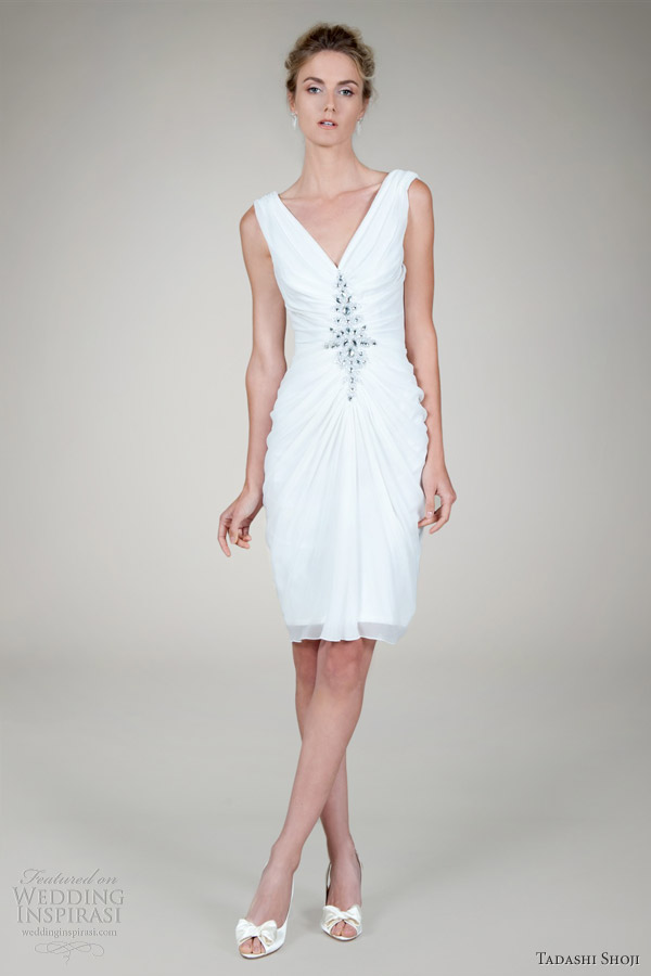 tadashi shoji fall 2012 bridal chiffon draped v neck cocktail dress ivory