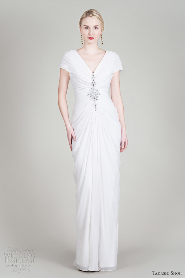 tadashi shoji fall 2012 chiffon draped v neck cap sleeve wedding dress octavia