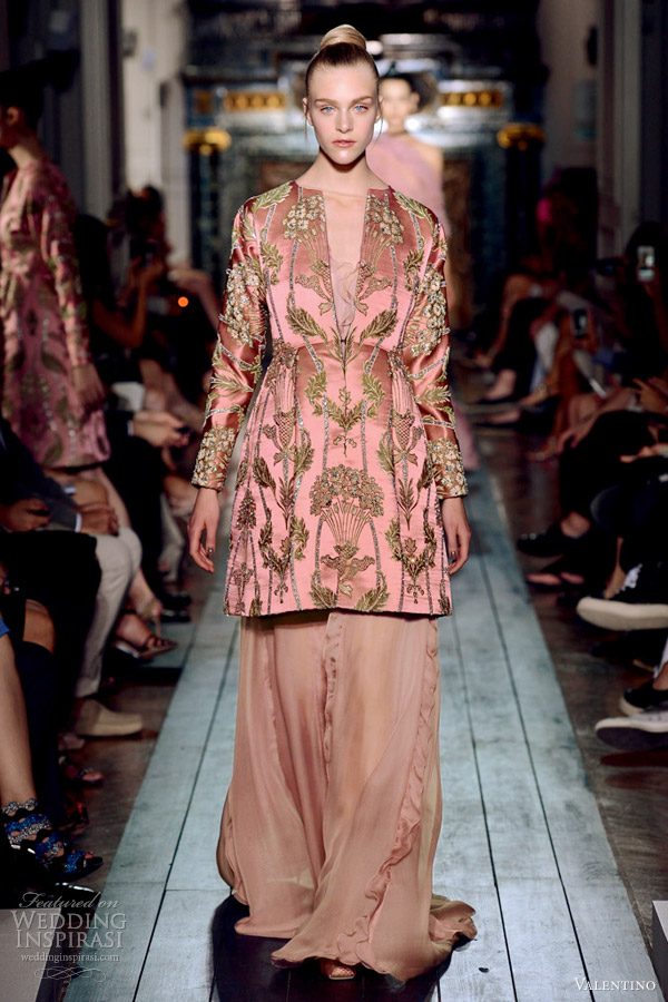 valentino fall 2012 couture brocade split neckline long sleeves salmon dress