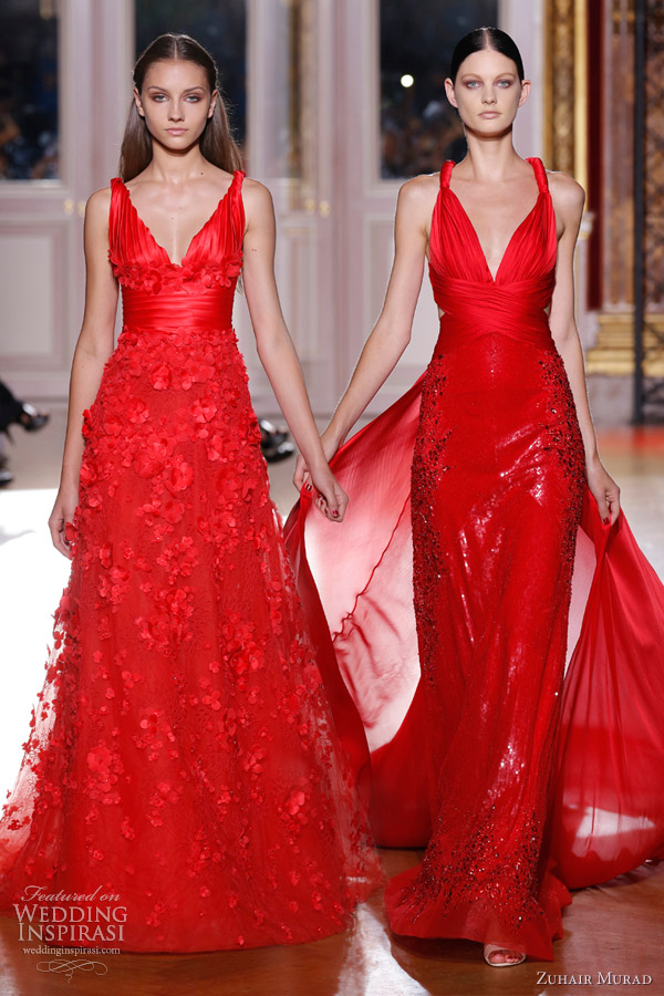 zuhair murad fall 2012 couture long sleeve red dresses straps