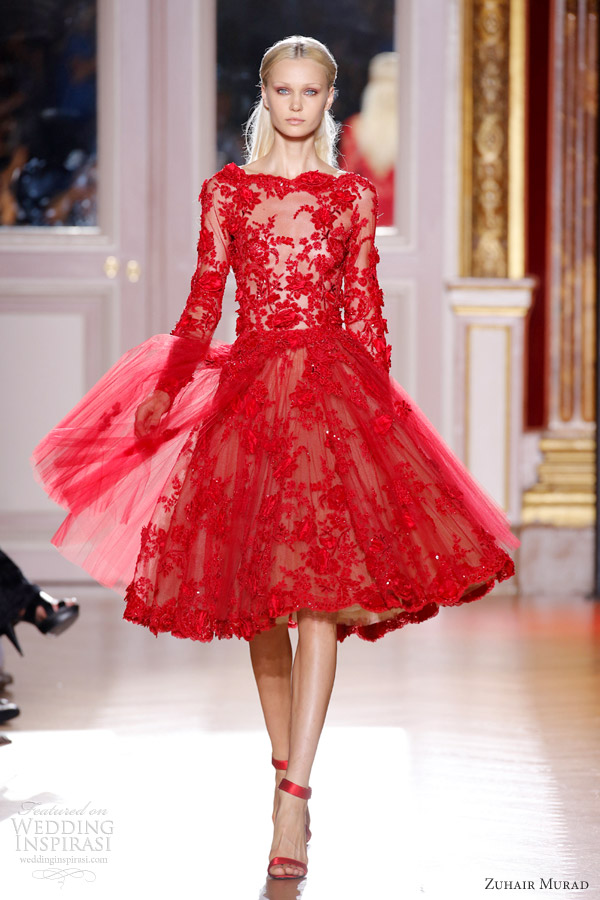 zuhair murad fall 2012 couture long sleeve short red lace dress