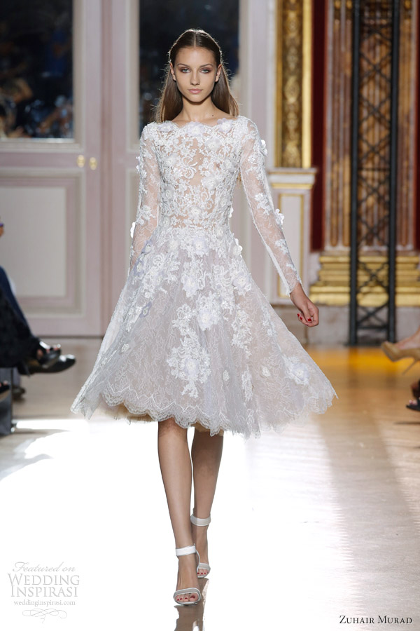 zuhair murad fall 2012 couture short lace long sleeve white dress