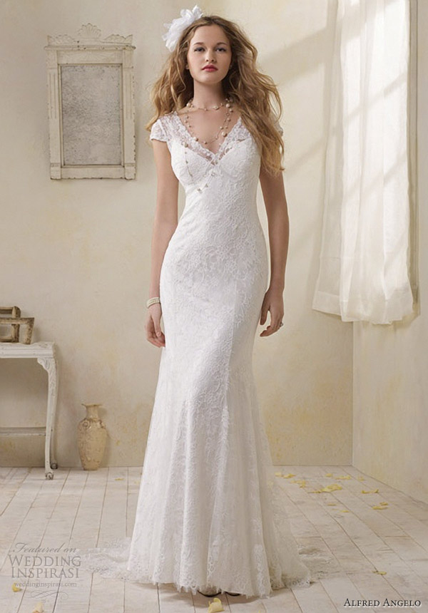 alfred angelo modern vintage bridal lace cap sleeve sheath wedding dress 8501