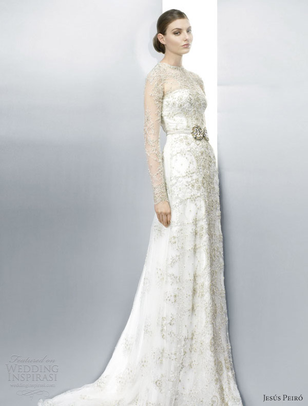 jesus peiro wedding dresses 2013 illusion long sleeve lace sheath gold thread