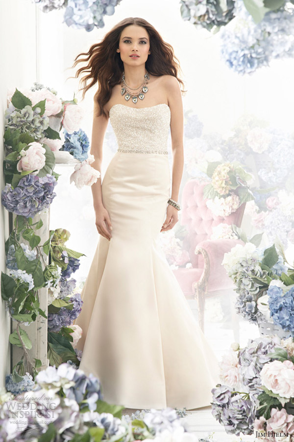 jim hjelm bridal fall 2012 silk satin trumpet gown style 8250 pearl crystal embroidered natural waist pleats chapel train