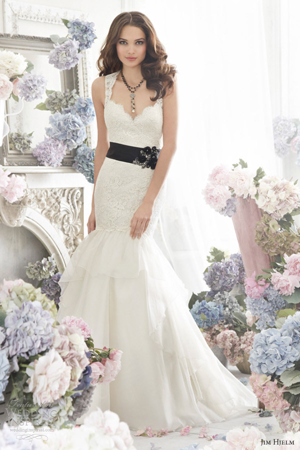 jim hjelm fall 2012 bridal silk organza a line wedding dress 8262 sleeveless lace elongated open moire ribbon floral