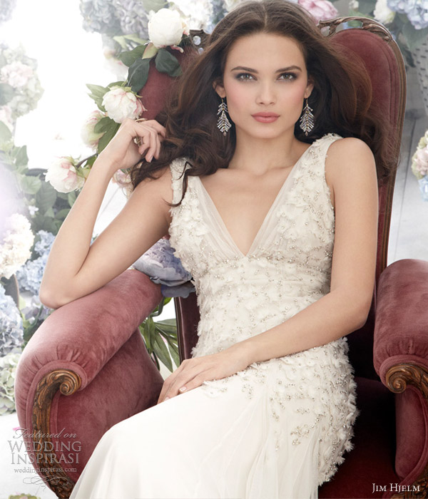 jim hjelm wedding dress fall 2012 english net charmeuse a line bridal gown  8265 sleeveless crystal embroidered beaded bodice v neck