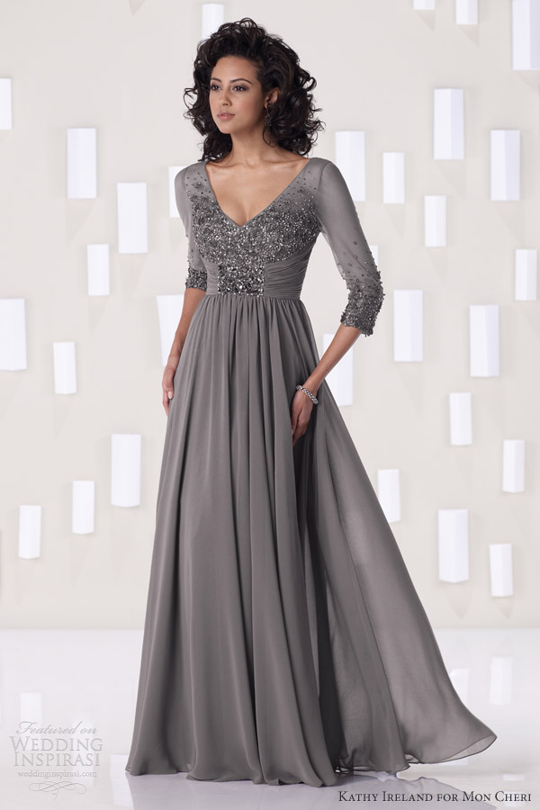 kathy ireland for mon cheri fall 2012 evening gown sleeves smoke gray