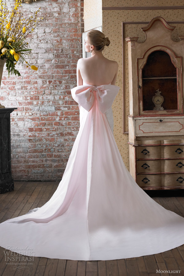 moonlight bridal wedding dress fall 2012 chantilly lace strapless trumpet blush pink gown train j6234