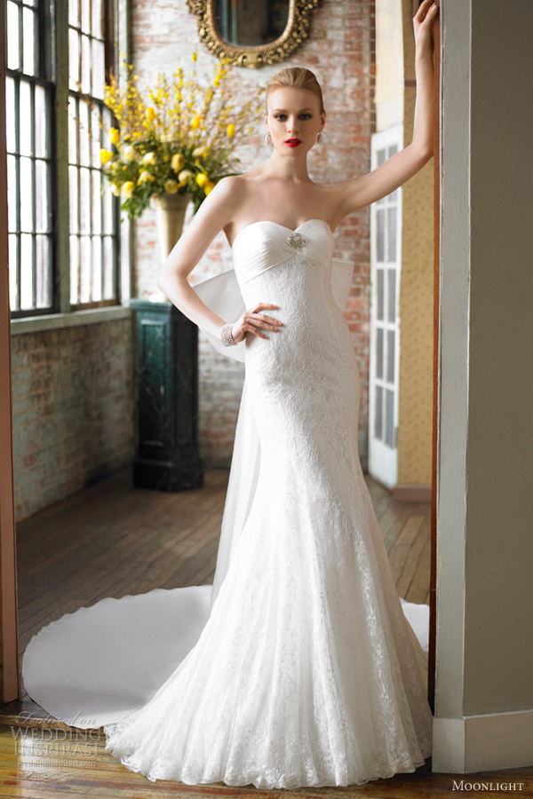 moonlight bridal wedding dress fall 2012 chantilly lace strapless trumpet gown style j6234