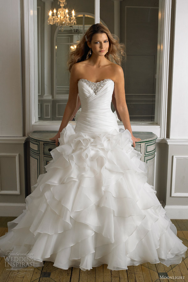 moonlight bridal wedding dresses fall 2012 strapless gown drop waist organza fit and flare style j6241 moonlight bridal wedding dresses fall 2012 strapless gown drop waist organza fit and flare style j6241