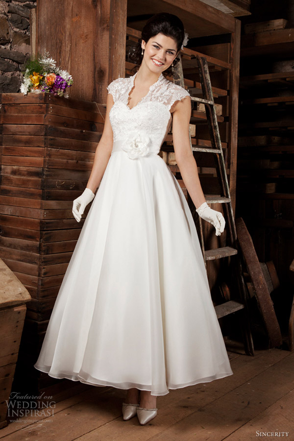 sincerity bridal 2013 cap sleeve v neck tea length wedding dress