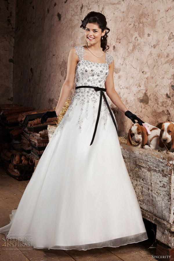 sincerity bridal 2013 strapless weddubg dress detachable cap sleeves black sash 3714