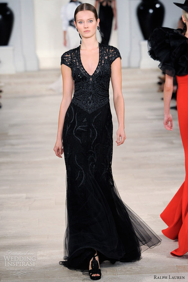 ralph lauren spring 2013 black embroidered gown short sleeves