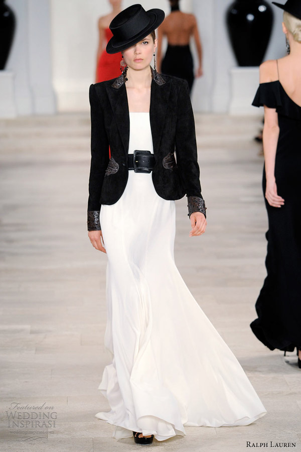 ralph lauren spring summer 2013 black suede jacket ivory sable evening dress