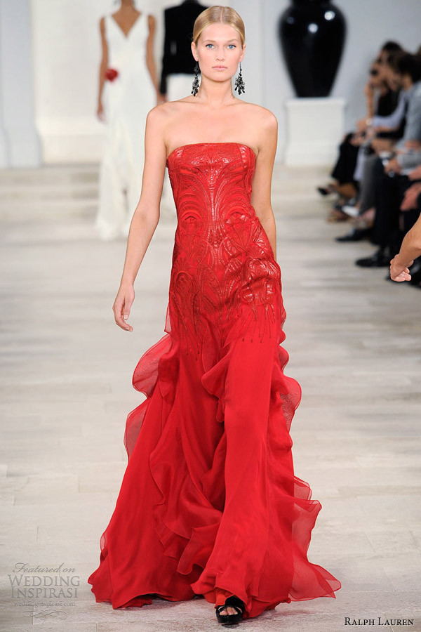 ralph lauren spring summer 2013 scarlet red embroidered strapless gown