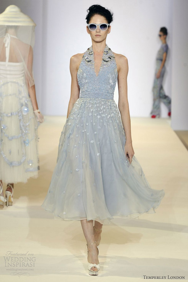 temperley london spring 2013 ready to wear ice blue tea length halter neck dress