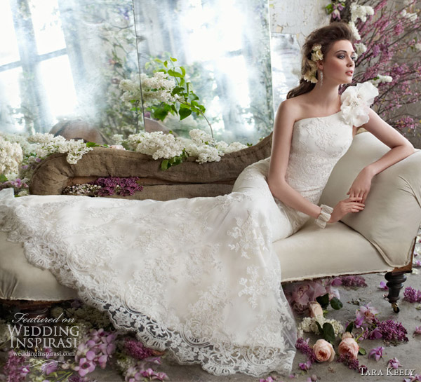 tara keely bridal fall 2012 alencon lace one shoulder trumpet gown floral sweep train organza petals 2250