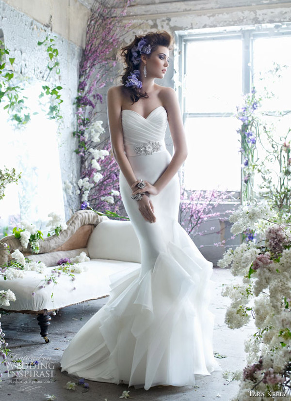 tara keely fall 2012 bridal mikado organza trumpet gown pleated beaded belt natural waist ruffle skirt sweep train 2259