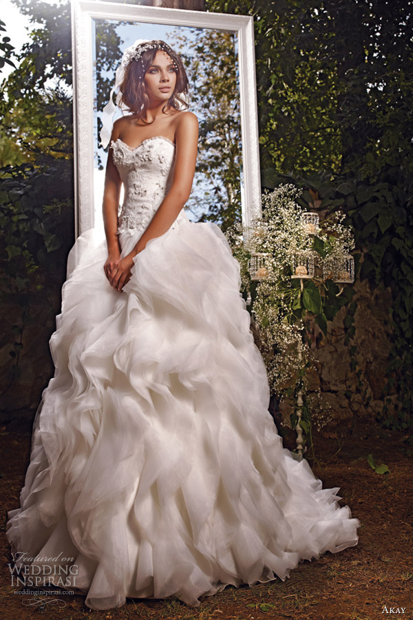 akay bridal 2013 strapless sweetheart gown ruffle flange skirt