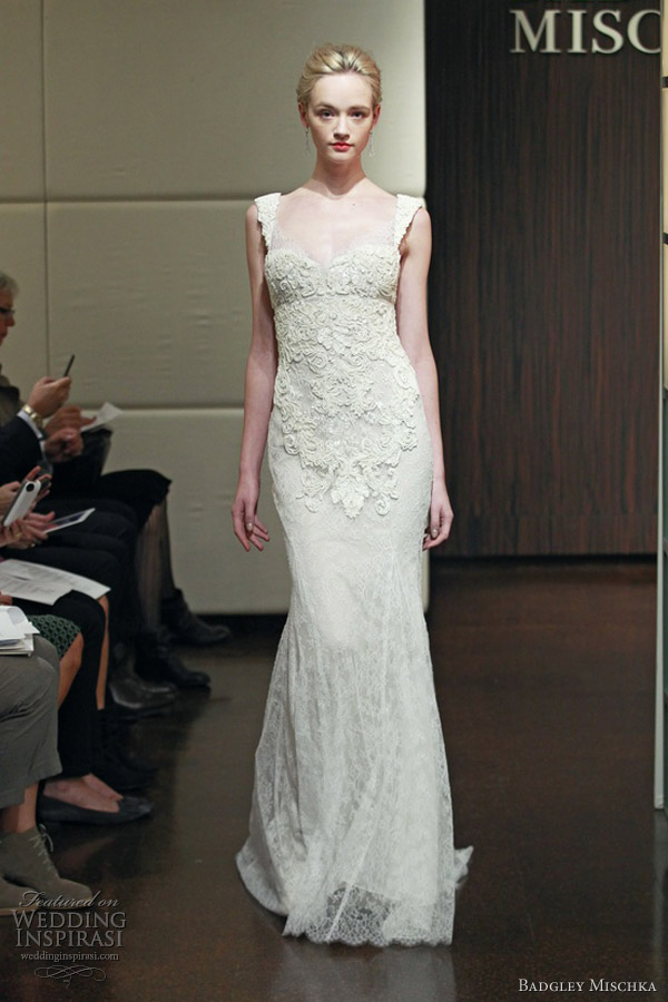 badgley mischka fall 2013 aquarius sleeveless sheath wedding dress lace straps