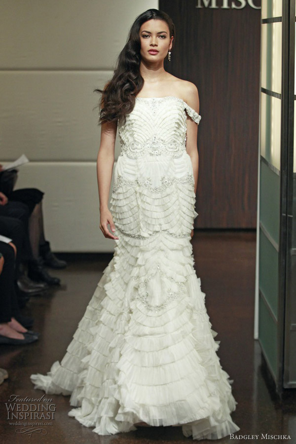 badgley mischka wedding dresses fall 2013 embellished ruffle tiers mermaid gown off shoulder straps neptune