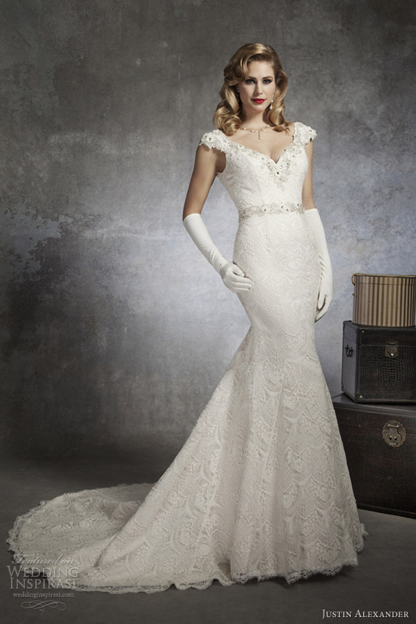 justin alexander bridal spring 2013 v neck cap sleeve mermaid wedding dress 8654