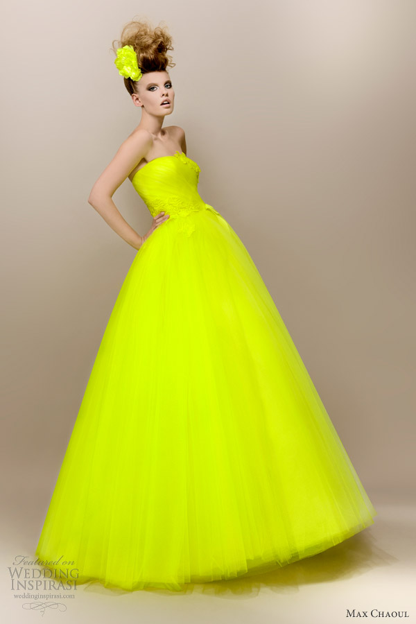 max chaoul 2013 anna 1950s style neon yellow green wedding dress