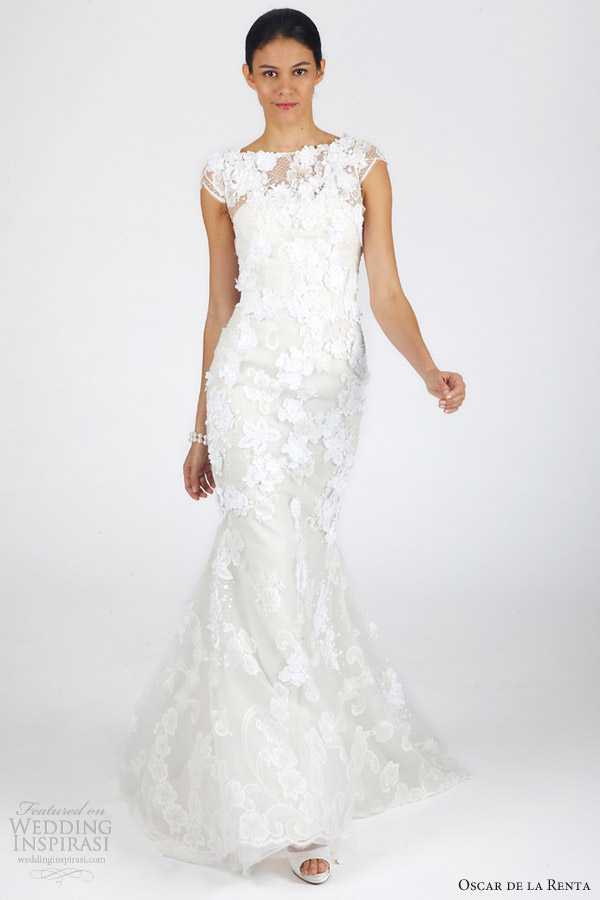 oscar de la renta bridal fall 2013 cap sleeve sheath wedding dress