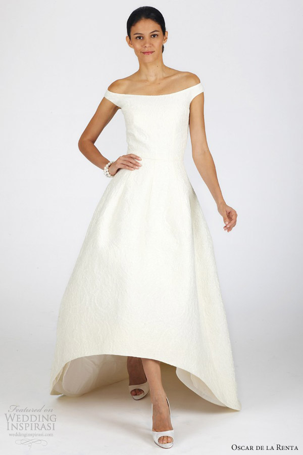 oscar de la renta fall 2013 bridal off shoulder high low wedding dress