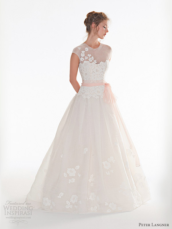 peter langner wedding dresses 2013 waking up cap sleeve pink sash gown