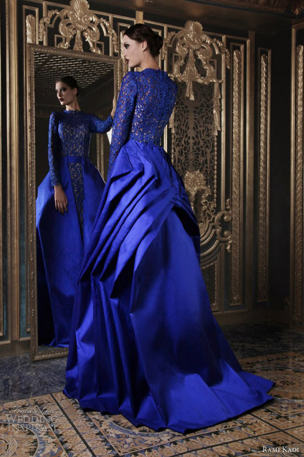 rami kadi 2013 couture bright blue shantung guipure long sleeve dress