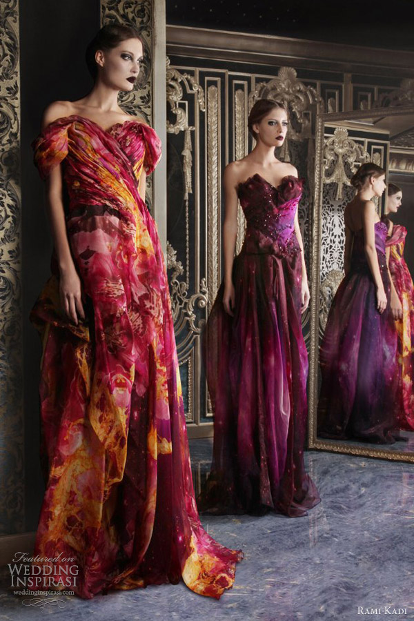 rami kadi couture 2013 multi color print strapless draped silk organza gowns