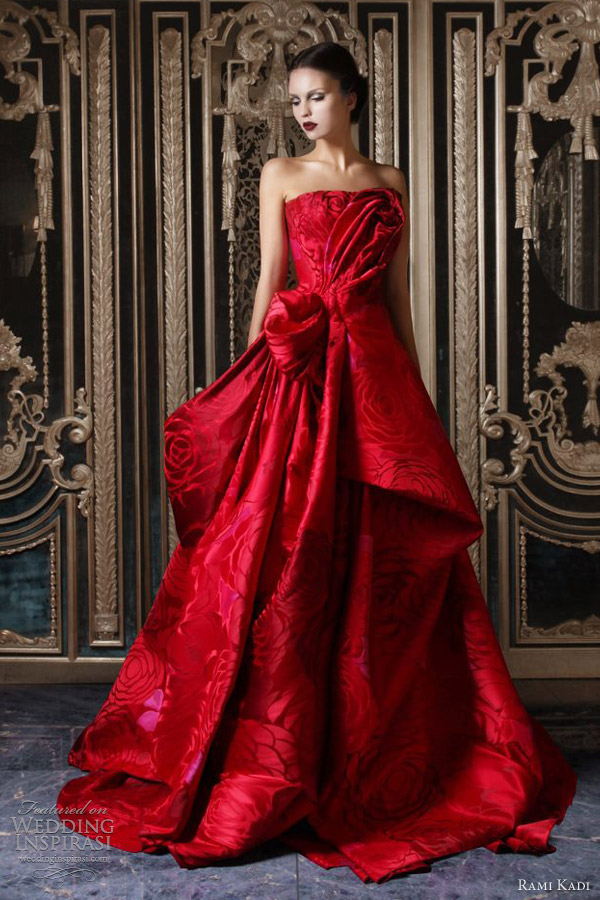 rami kadi couture fall 2012 2013 red silk jacquard draped ball gown