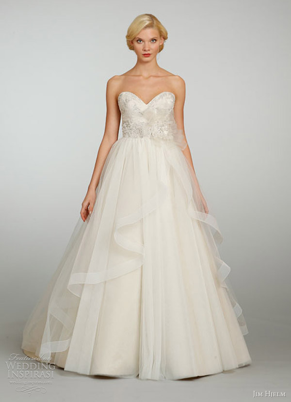 jim hjelm bridal spring 2013 tulle ball gown crystal embroidered sweetheart cascade skirt chapel train 8301