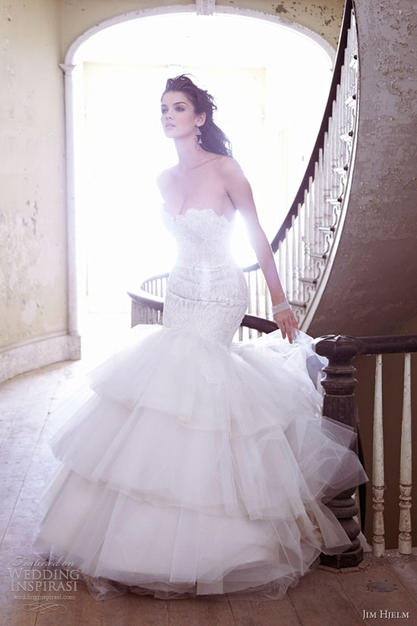 jim hjelm wedding dresses spring 2013 charmeuse tulle strapless gown beaded lace tiered skirt 8302